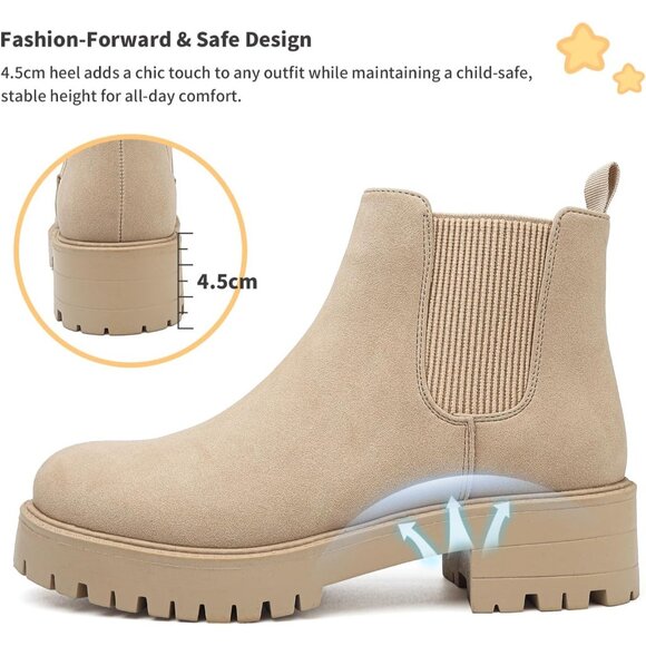 Girls Apricot Pull-On Fall Chelsea Boots Water-Resistant PU Ankle Heel Boots - Picture 6 of 7